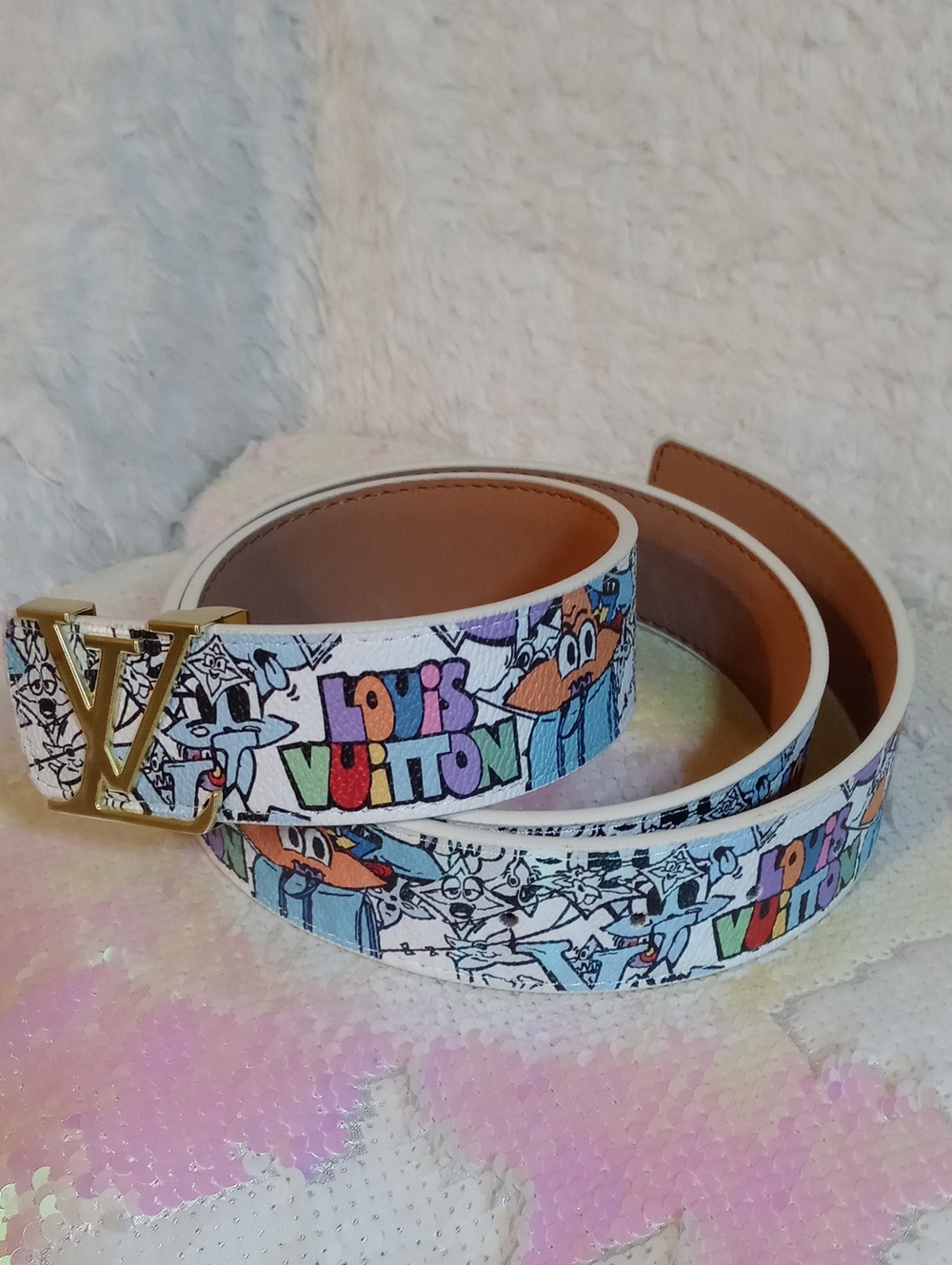 Louis Vuitton White Multicolor Graphic Belt with Gold LV Buckle